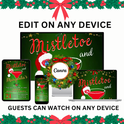 Margaritas and Mistletoe Christmas Party Video Invitation – Editable Canva Christmas Evite