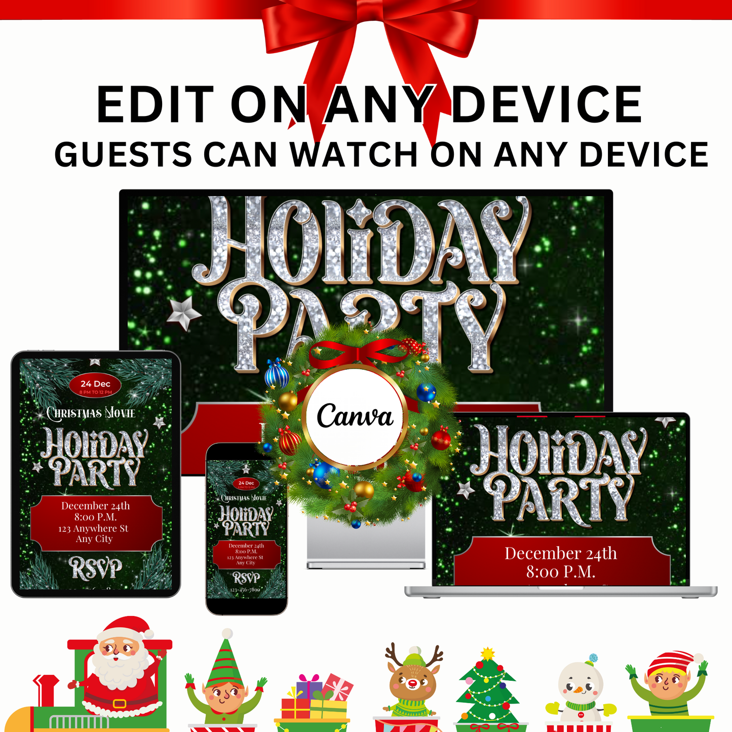 Christmas Glitter Video Invitation – Editable Elegant Green Christmas Evite
