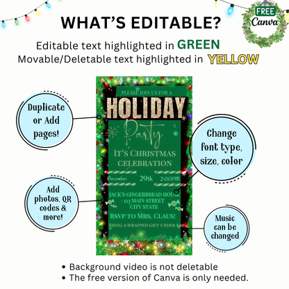 Christmas Party Video Invitation – Editable Canva Holiday Evite with Music