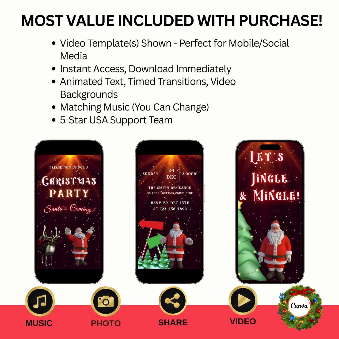 Dancing Santa and Reindeer Christmas Party Video Invitation – Editable Canva Santa Evite