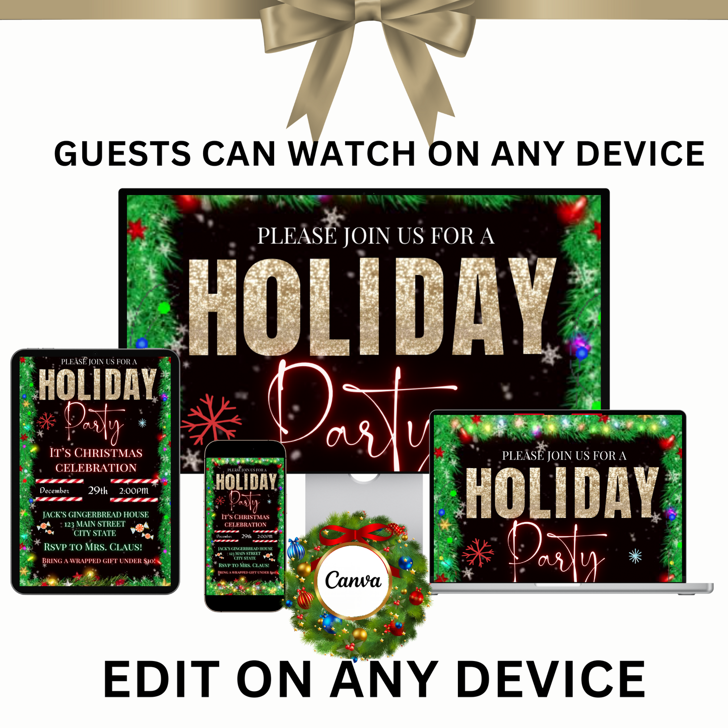 Christmas Party Video Invitation – Editable Canva Holiday Evite with Music