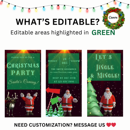 Dancing Santa and Reindeer Christmas Party Video Invitation – Editable Canva Santa Evite