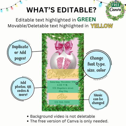 Girl Baby Shower Christmas Party Video Invitation – Editable Pink Footprints Ornaments Evite