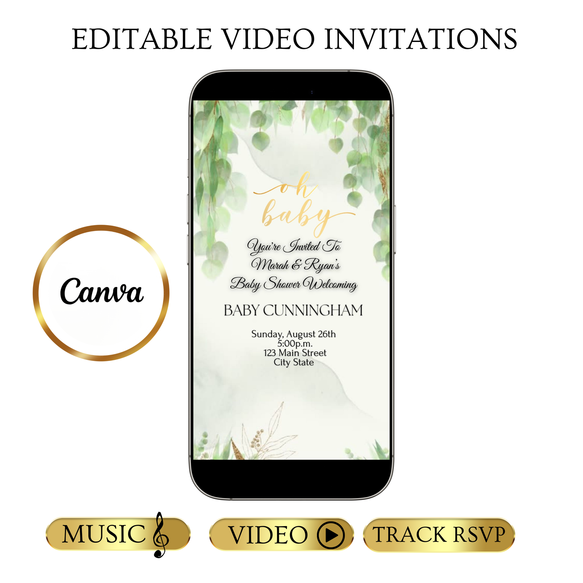 Editable greenery baby shower baby shower video invitation displayed on a mobile phone, featuring an animated vertical digital invite with music, created in Canva. This premium video invitation template is designed for sharing by text, email, and social media and works with an interactive RSVP website for easy guest response tracking.
