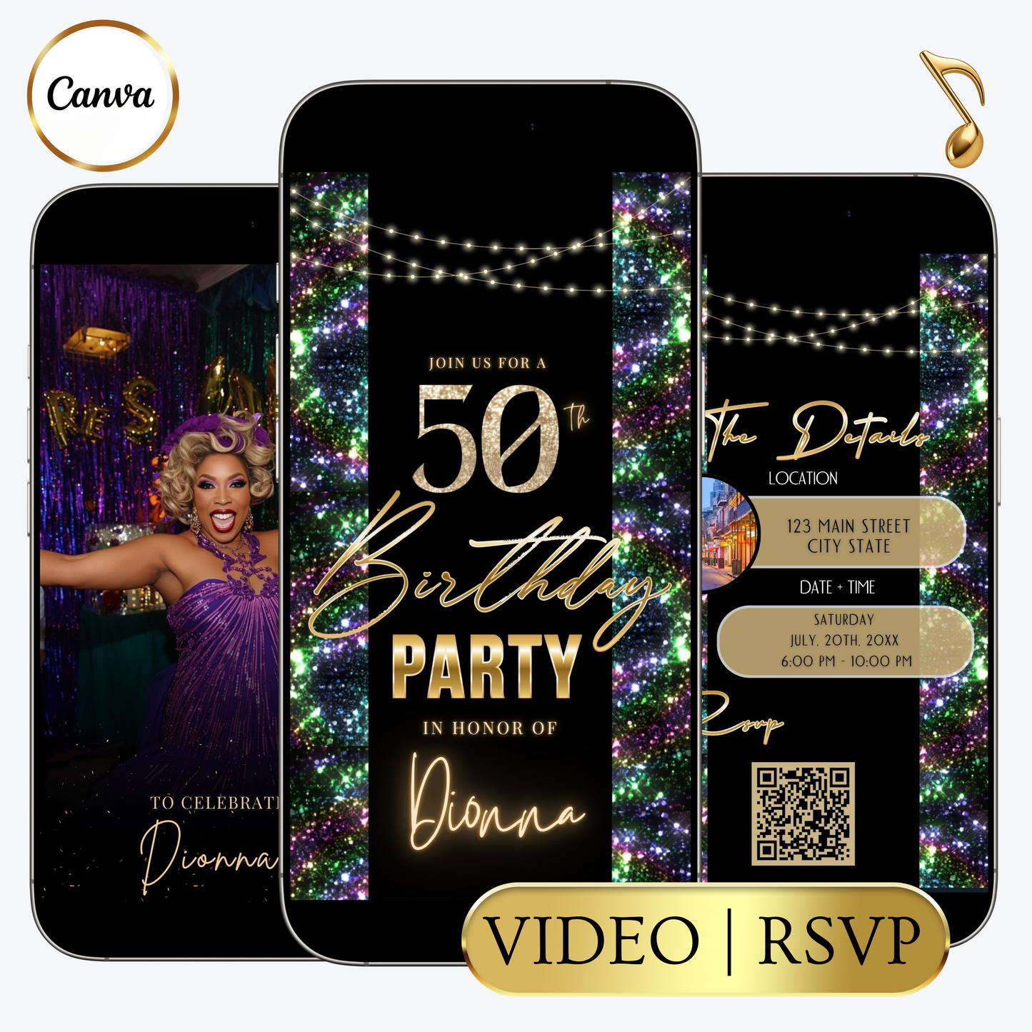 Editable nardo gras glitter 50th birthday video invitation displayed on a mobile phone, featuring an animated vertical digital invite with music, created in Canva. This premium video invitation template is designed for sharing by text, email, and social media and works with an interactive RSVP website for easy guest response tracking.