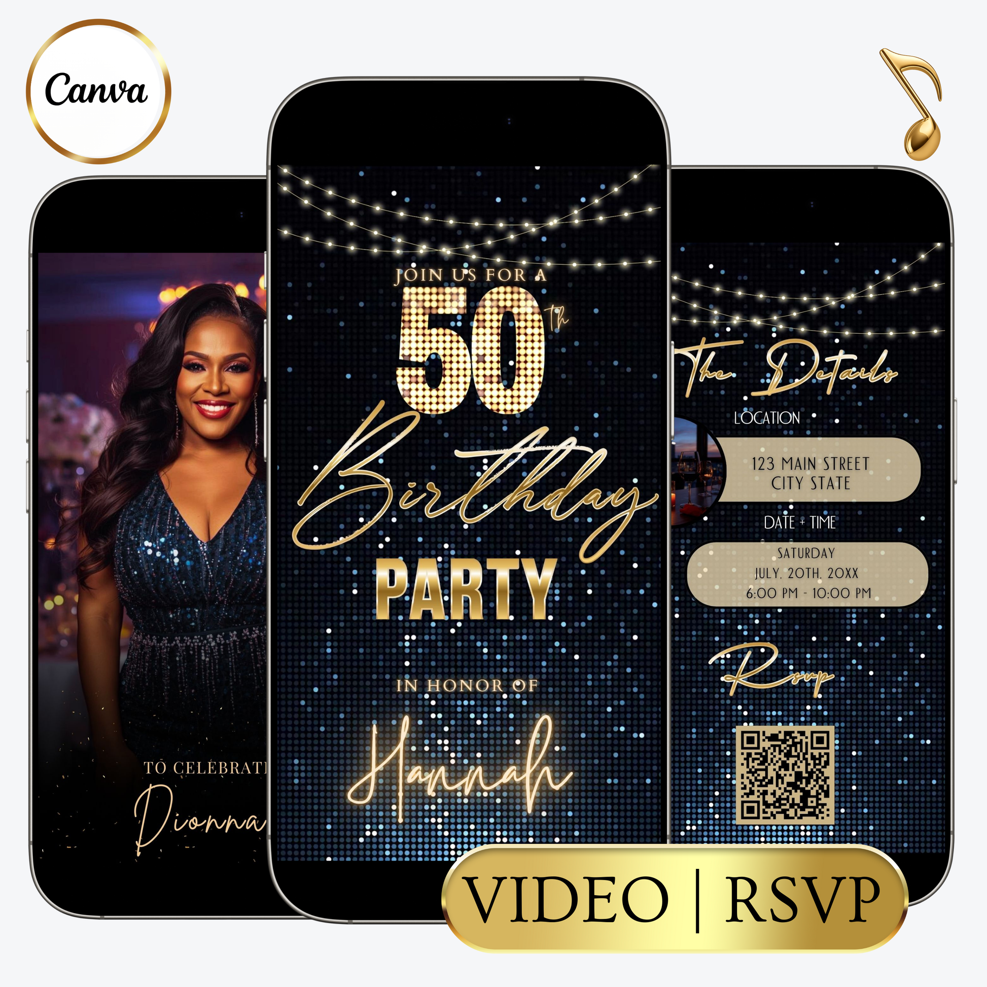 Editable gold stars 50th birthday party video invitation displayed on a mobile phone, featuring an animated vertical digital invite with music, created in Canva. This premium video invitation template is designed for sharing by text, email, and social media and works with an interactive RSVP website for easy guest response tracking.
