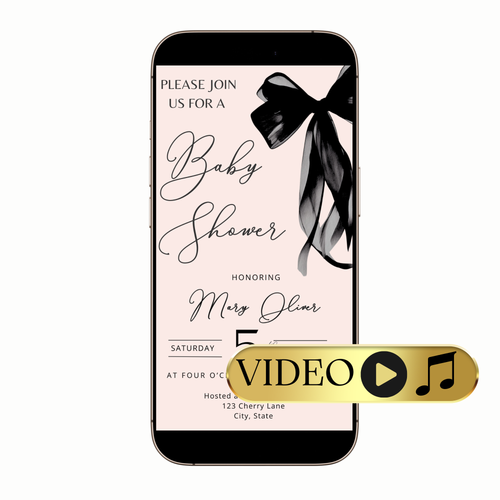 Name and event details on ribbon-framed layout with elegant type