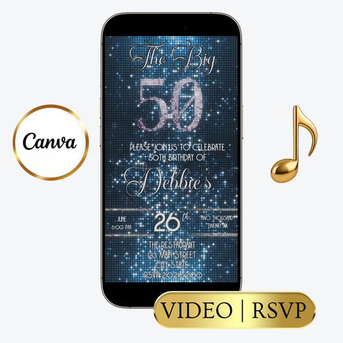 Editable blue glitter 50th birthday video invitation displayed on a mobile phone, featuring an animated vertical digital invite with music, created in Canva. This premium video invitation template is designed for sharing by text, email, and social media and works with an interactive RSVP website for easy guest response tracking.