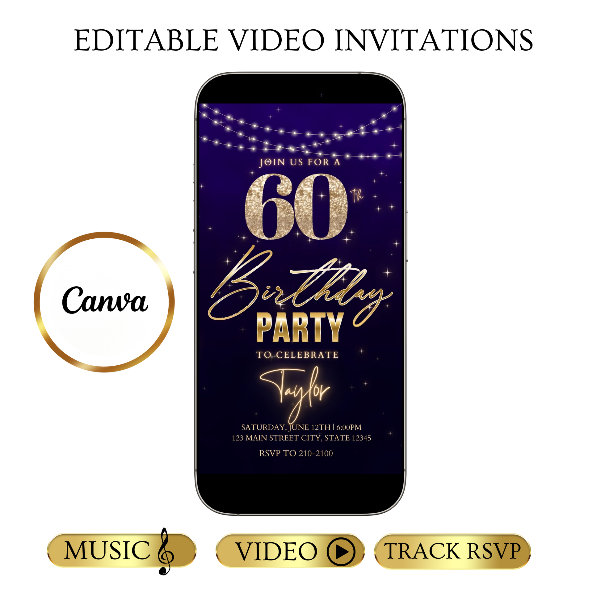Editable purple gold starry 60th birthday birthday video invitation displayed on a mobile phone, featuring an animated vertical digital invite with music, created in Canva. This premium video invitation template is designed for sharing by text, email, and social media and works with an interactive RSVP website for easy guest response tracking.