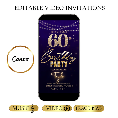 Editable purple gold starry 60th birthday birthday video invitation displayed on a mobile phone, featuring an animated vertical digital invite with music, created in Canva. This premium video invitation template is designed for sharing by text, email, and social media and works with an interactive RSVP website for easy guest response tracking.