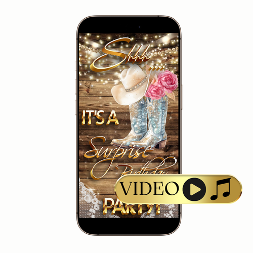 Flat lay with cowboy boots, hat, and phone showing invite