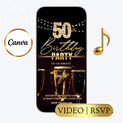 Editable black gold champagne 50th birthday video invitation displayed on a mobile phone, featuring an animated vertical digital invite with music, created in Canva. This premium video invitation template is designed for sharing by text, email, and social media and works with an interactive RSVP website for easy guest response tracking.