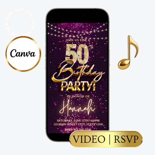 Editable pink gold sequin 50th birthday video invitation displayed on a mobile phone, featuring an animated vertical digital invite with music, created in Canva. This premium video invitation template is designed for sharing by text, email, and social media and works with an interactive RSVP website for easy guest response tracking.