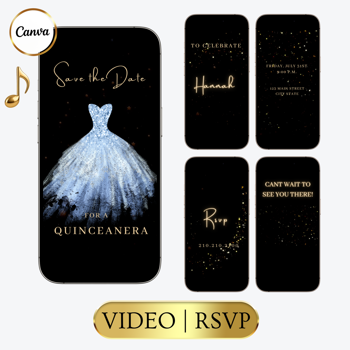 Editable light blue sparkly dress Quinceañera video invitation displayed on a mobile phone, featuring an animated vertical digital invite with music, created in Canva. This premium video invitation template is designed for sharing by text, email, and social media and works with an interactive RSVP website for easy guest response tracking.