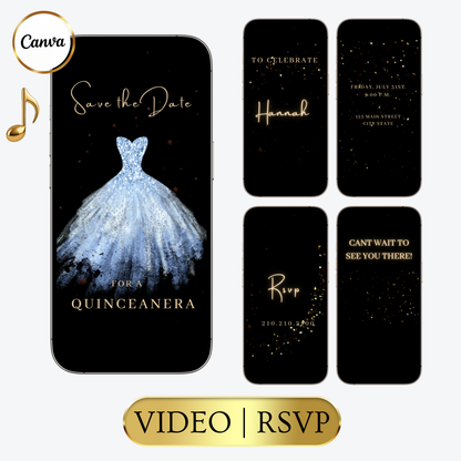 Editable light blue sparkly dress Quinceañera video invitation displayed on a mobile phone, featuring an animated vertical digital invite with music, created in Canva. This premium video invitation template is designed for sharing by text, email, and social media and works with an interactive RSVP website for easy guest response tracking.