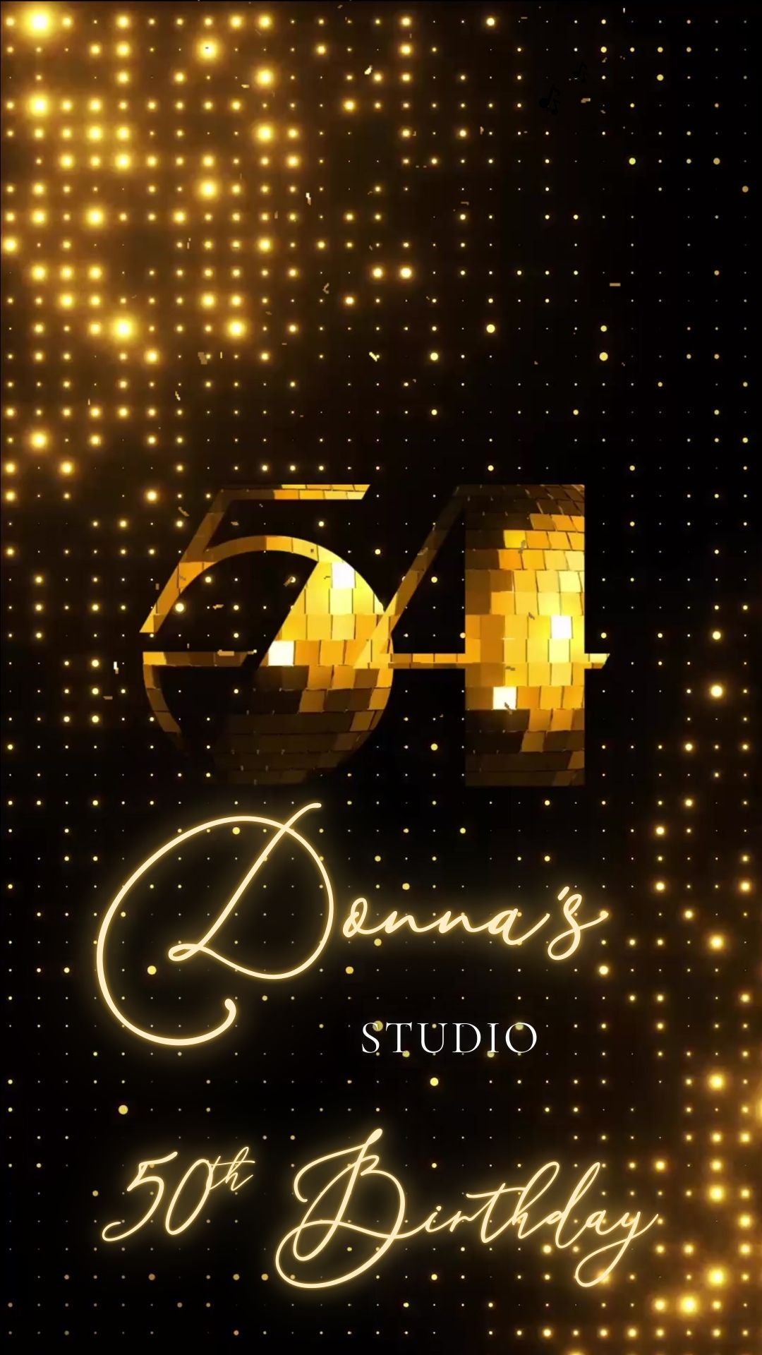 Editable gold disco studio 50th birthday video invitation displayed on a mobile phone, featuring an animated vertical digital invite with music, created in Canva. This premium video invitation template is designed for sharing by text, email, and social media and works with an interactive RSVP website for easy guest response tracking.