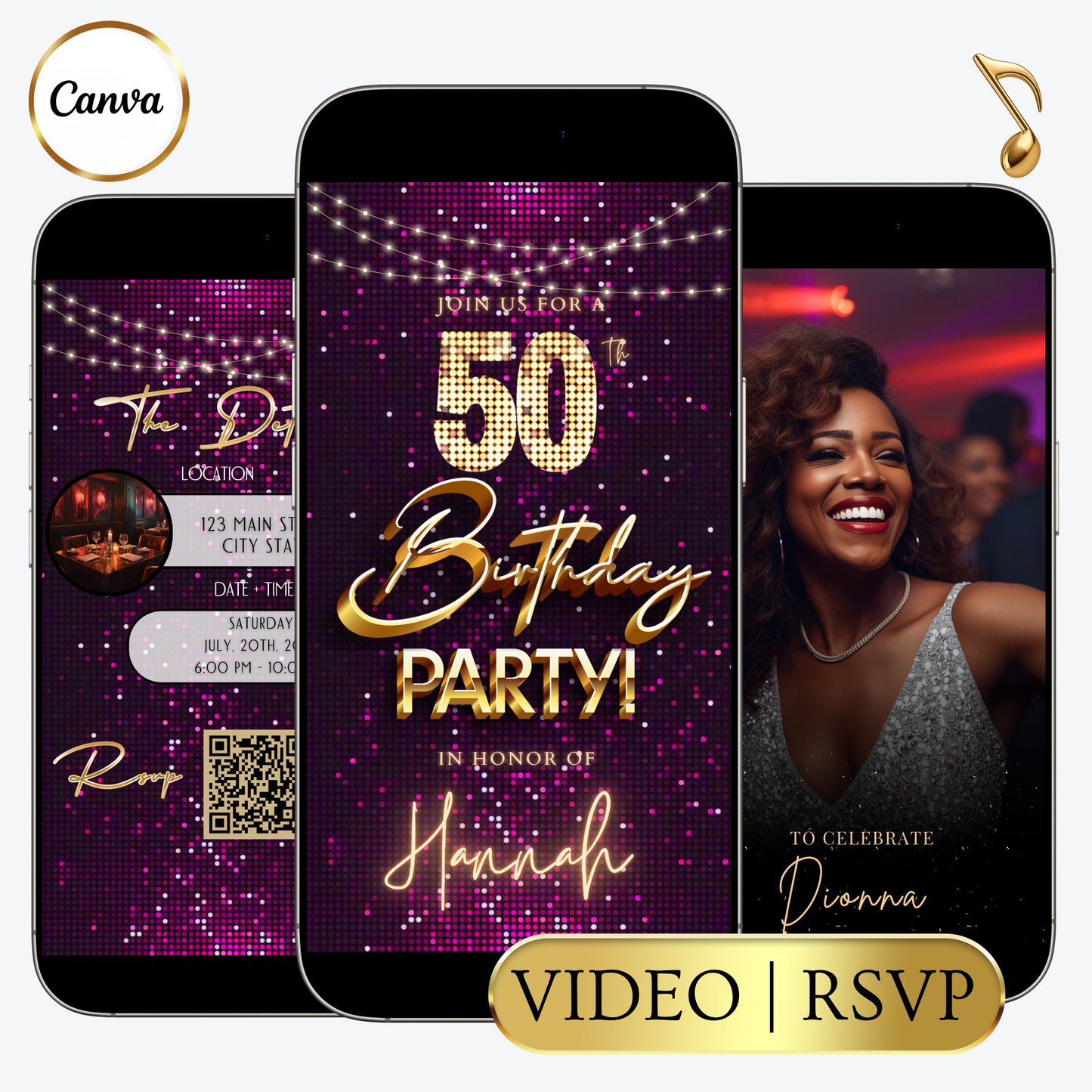 Editable purple pink glitter 50th birthday video invitation displayed on a mobile phone, featuring an animated vertical digital invite with music, created in Canva. This premium video invitation template is designed for sharing by text, email, and social media and works with an interactive RSVP website for easy guest response tracking.