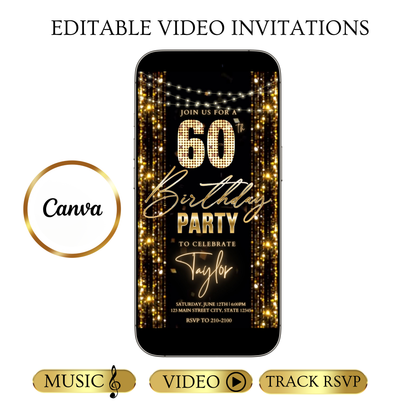 Editable gold glitter curtain 60th birthday birthday video invitation displayed on a mobile phone, featuring an animated vertical digital invite with music, created in Canva. This premium video invitation template is designed for sharing by text, email, and social media and works with an interactive RSVP website for easy guest response tracking.