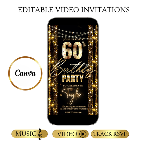 Editable gold glitter curtain 60th birthday birthday video invitation displayed on a mobile phone, featuring an animated vertical digital invite with music, created in Canva. This premium video invitation template is designed for sharing by text, email, and social media and works with an interactive RSVP website for easy guest response tracking.