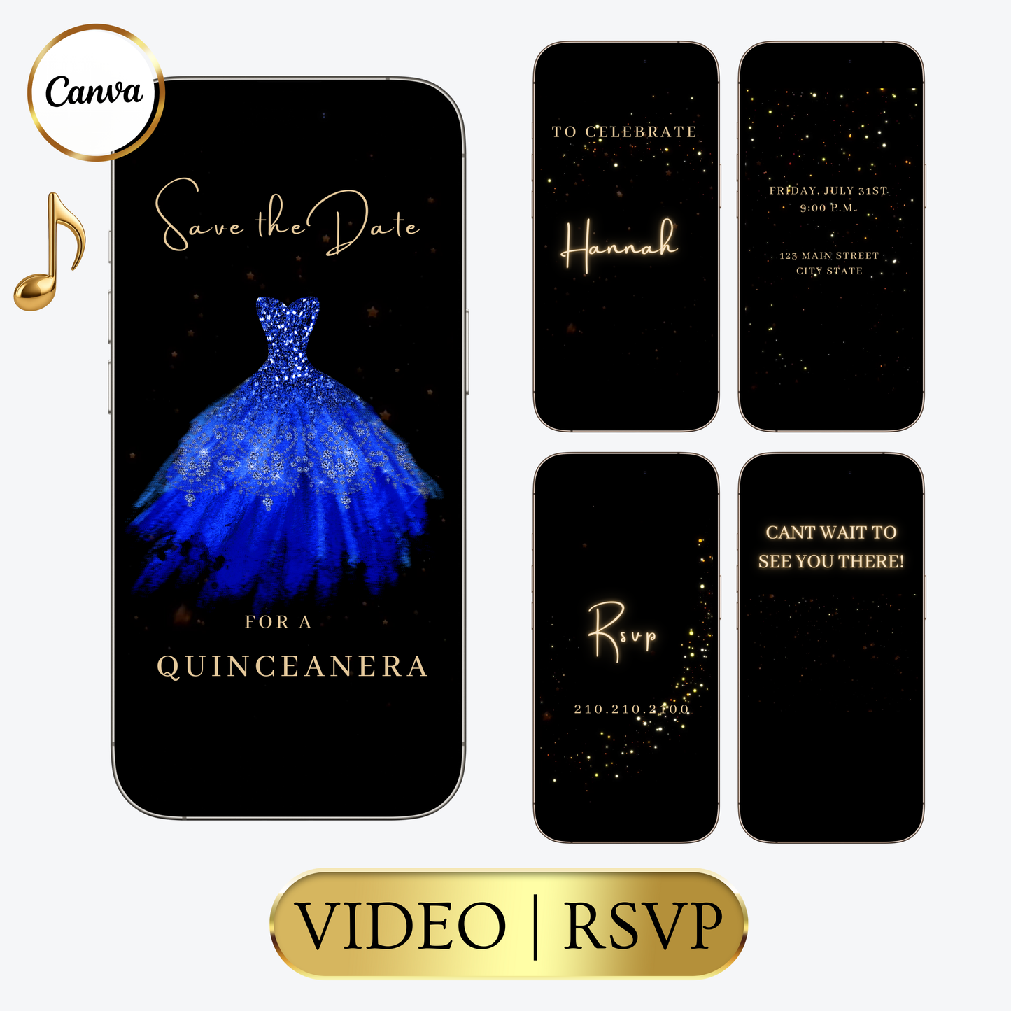 Editable royal blue glitter dress Quinceañera video invitation displayed on a mobile phone, featuring an animated vertical digital invite with music, created in Canva. This premium video invitation template is designed for sharing by text, email, and social media and works with an interactive RSVP website for easy guest response tracking.