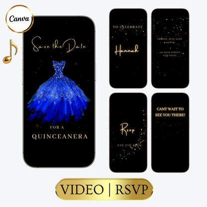 Editable royal blue glitter dress Quinceañera video invitation displayed on a mobile phone, featuring an animated vertical digital invite with music, created in Canva. This premium video invitation template is designed for sharing by text, email, and social media and works with an interactive RSVP website for easy guest response tracking.