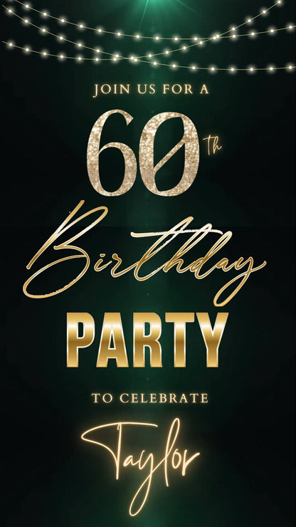 Editable dark emerald gold 60th birthday birthday video invitation displayed on a mobile phone, featuring an animated vertical digital invite with music, created in Canva. This premium video invitation template is designed for sharing by text, email, and social media and works with an interactive RSVP website for easy guest response tracking.