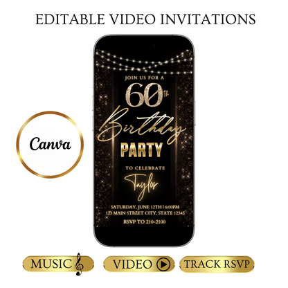 Editable black gold sparkle 60th birthday birthday video invitation displayed on a mobile phone, featuring an animated vertical digital invite with music, created in Canva. This premium video invitation template is designed for sharing by text, email, and social media and works with an interactive RSVP website for easy guest response tracking.