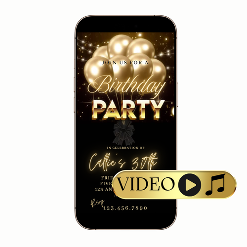 Gold balloons 30th birthday video invitation digital elegant