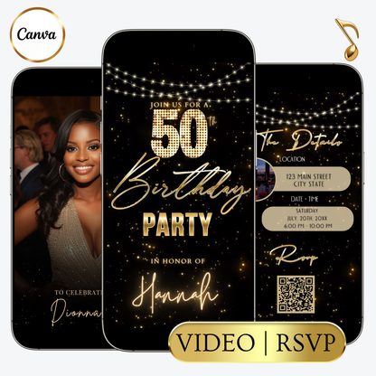 Editable black gold starry 50th birthday video invitation displayed on a mobile phone, featuring an animated vertical digital invite with music, created in Canva. This premium video invitation template is designed for sharing by text, email, and social media and works with an interactive RSVP website for easy guest response tracking.
