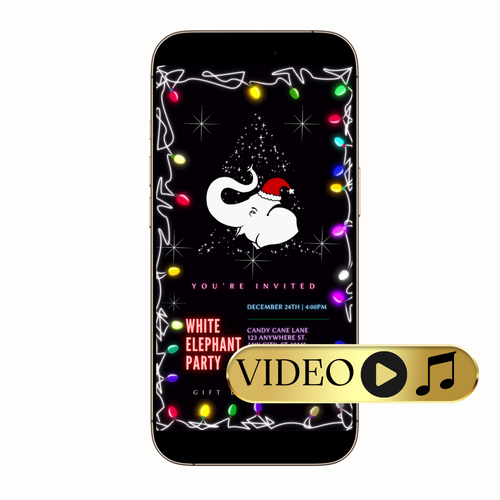 White Elephant MP4 gift exchange video invitation with playful accents