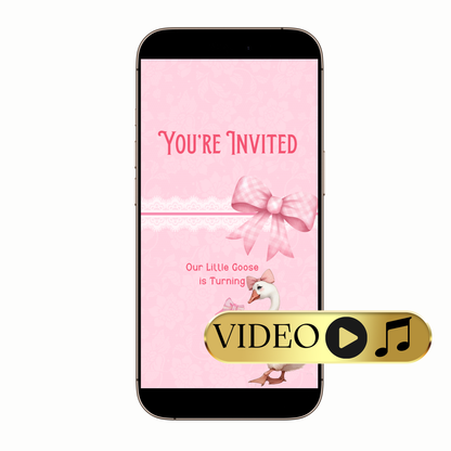 Vertical phone mockup showing pink bow animated video invite