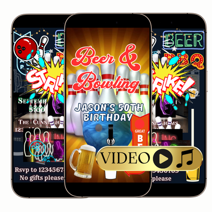 Bowling party video invitation digital beer strike theme