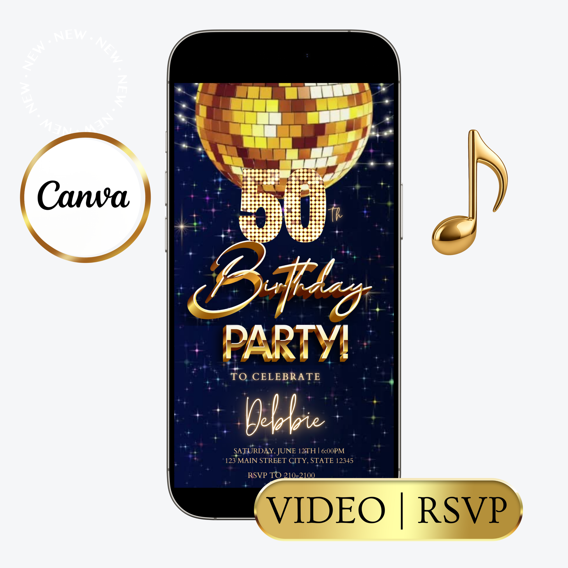 Editable gold bokeh luxury 50th birthday video invitation displayed on a mobile phone, featuring an animated vertical digital invite with music, created in Canva. This premium video invitation template is designed for sharing by text, email, and social media and works with an interactive RSVP website for easy guest response tracking.