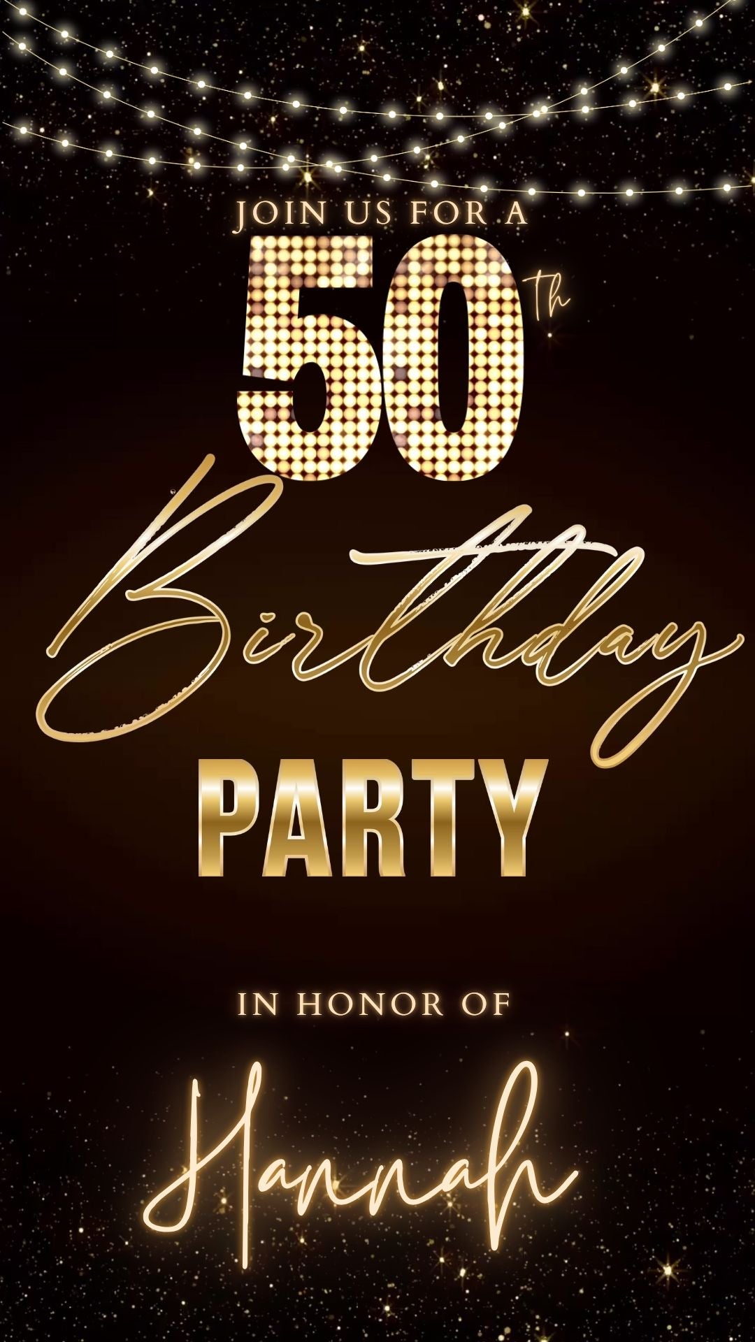 Editable maroon gold sparkle 50th birthday party video invitation displayed on a mobile phone, featuring an animated vertical digital invite with music, created in Canva. This premium video invitation template is designed for sharing by text, email, and social media and works with an interactive RSVP website for easy guest response tracking.