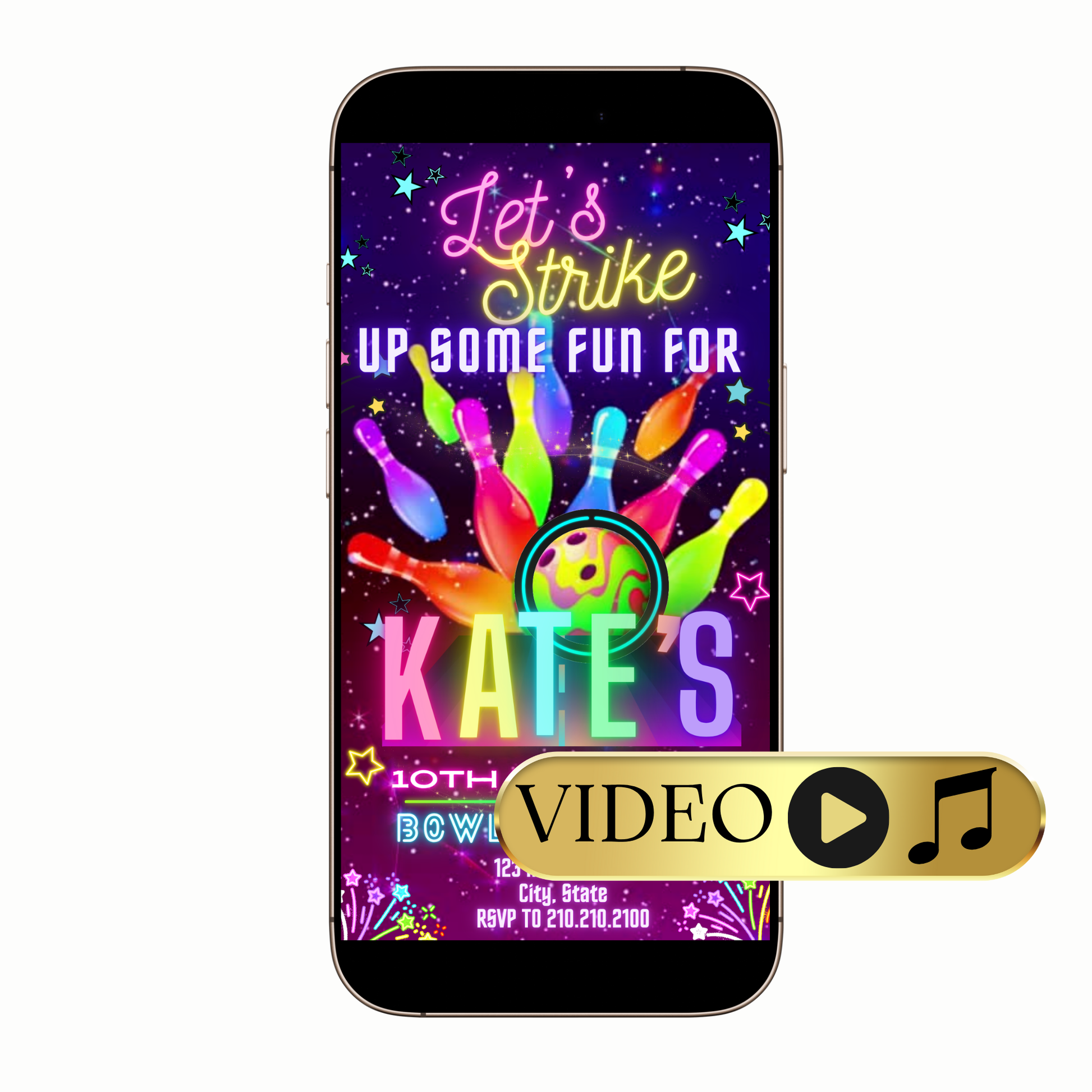 Editable Glow Bowling Theme Video Invitation Template with blacklight, bowling, bright