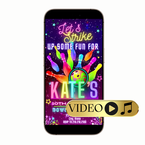 Editable Glow Bowling Theme Video Invitation Template with blacklight, bowling, bright
