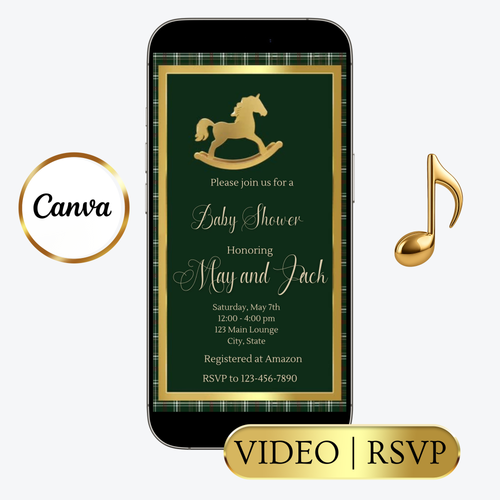 Editable green ralph lauren polo baby shower video invitation displayed on a mobile phone, featuring an animated vertical digital invite with music, created in Canva. This premium video invitation template is designed for sharing by text, email, and social media and works with an interactive RSVP website for easy guest response tracking.