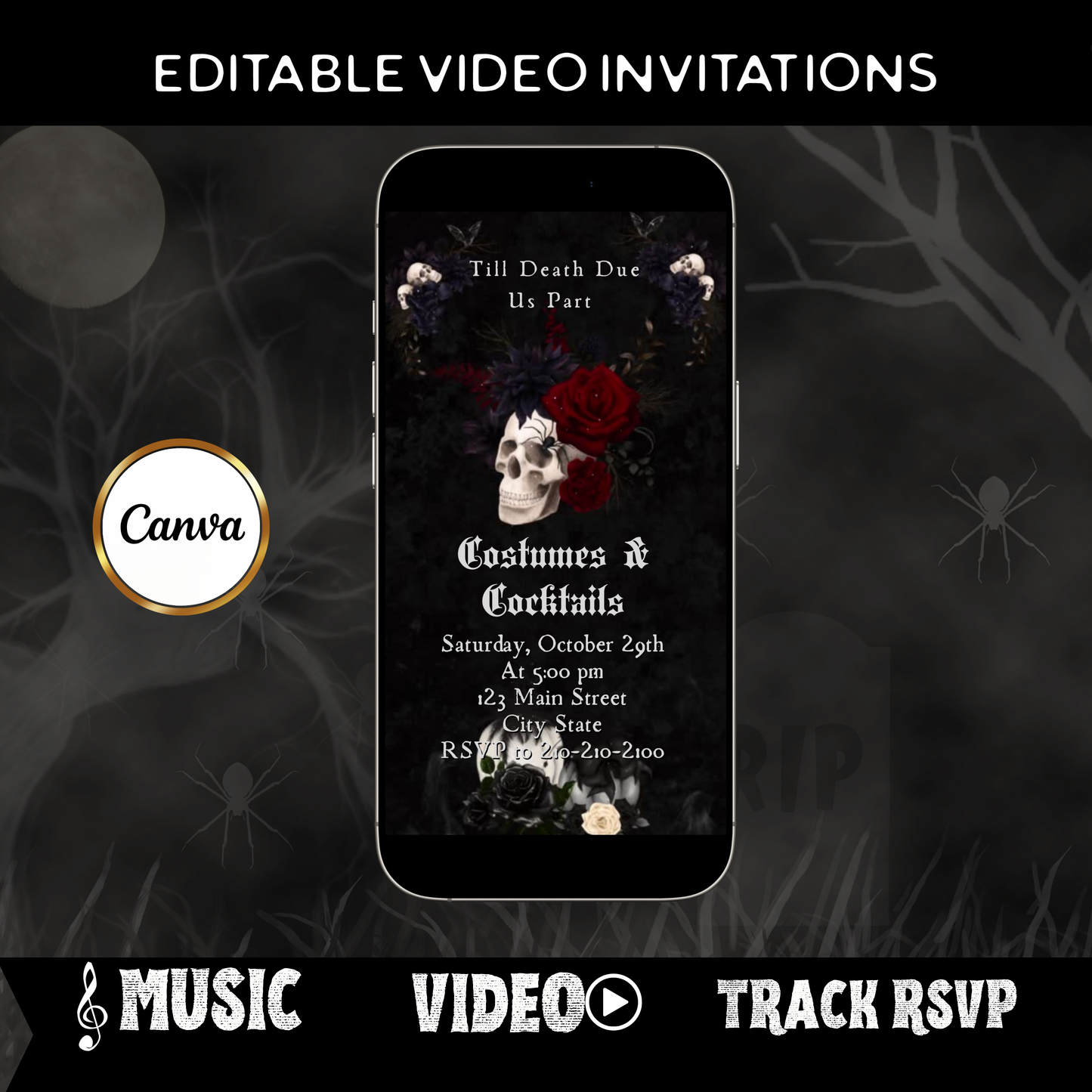Editable gothic halloween wedding party wedding video invitation displayed on a mobile phone, featuring an animated vertical digital invite with music, created in Canva. This premium video invitation template is designed for sharing by text, email, and social media and works with an interactive RSVP website for easy guest response tracking.