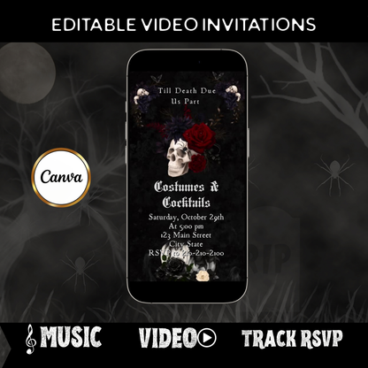 Editable gothic halloween wedding party wedding video invitation displayed on a mobile phone, featuring an animated vertical digital invite with music, created in Canva. This premium video invitation template is designed for sharing by text, email, and social media and works with an interactive RSVP website for easy guest response tracking.