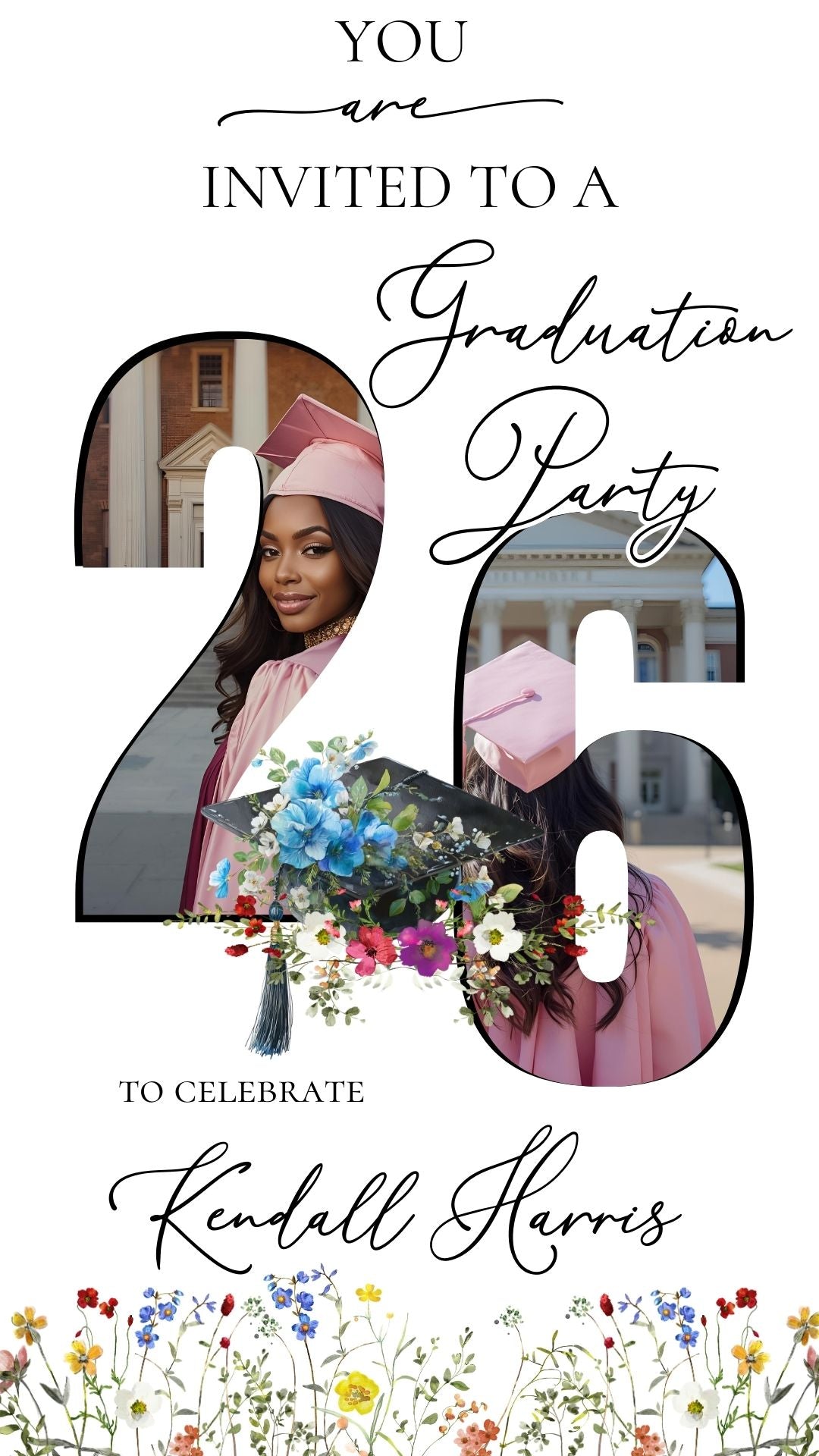 Editable floral graduation 2026 graduation video invitation displayed on a mobile phone, featuring an animated vertical digital invite with music, created in Canva. This premium video invitation template is designed for sharing by text, email, and social media and works with an interactive RSVP website for easy guest response tracking.