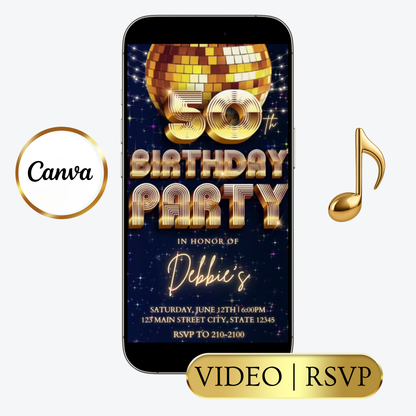 Editable blue gold disco 50th birthday party video invitation displayed on a mobile phone, featuring an animated vertical digital invite with music, created in Canva. This premium video invitation template is designed for sharing by text, email, and social media and works with an interactive RSVP website for easy guest response tracking.
