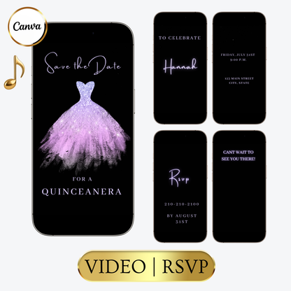Editable purple glitter dress Quinceañera video invitation displayed on a mobile phone, featuring an animated vertical digital invite with music, created in Canva. This premium video invitation template is designed for sharing by text, email, and social media and works with an interactive RSVP website for easy guest response tracking.
