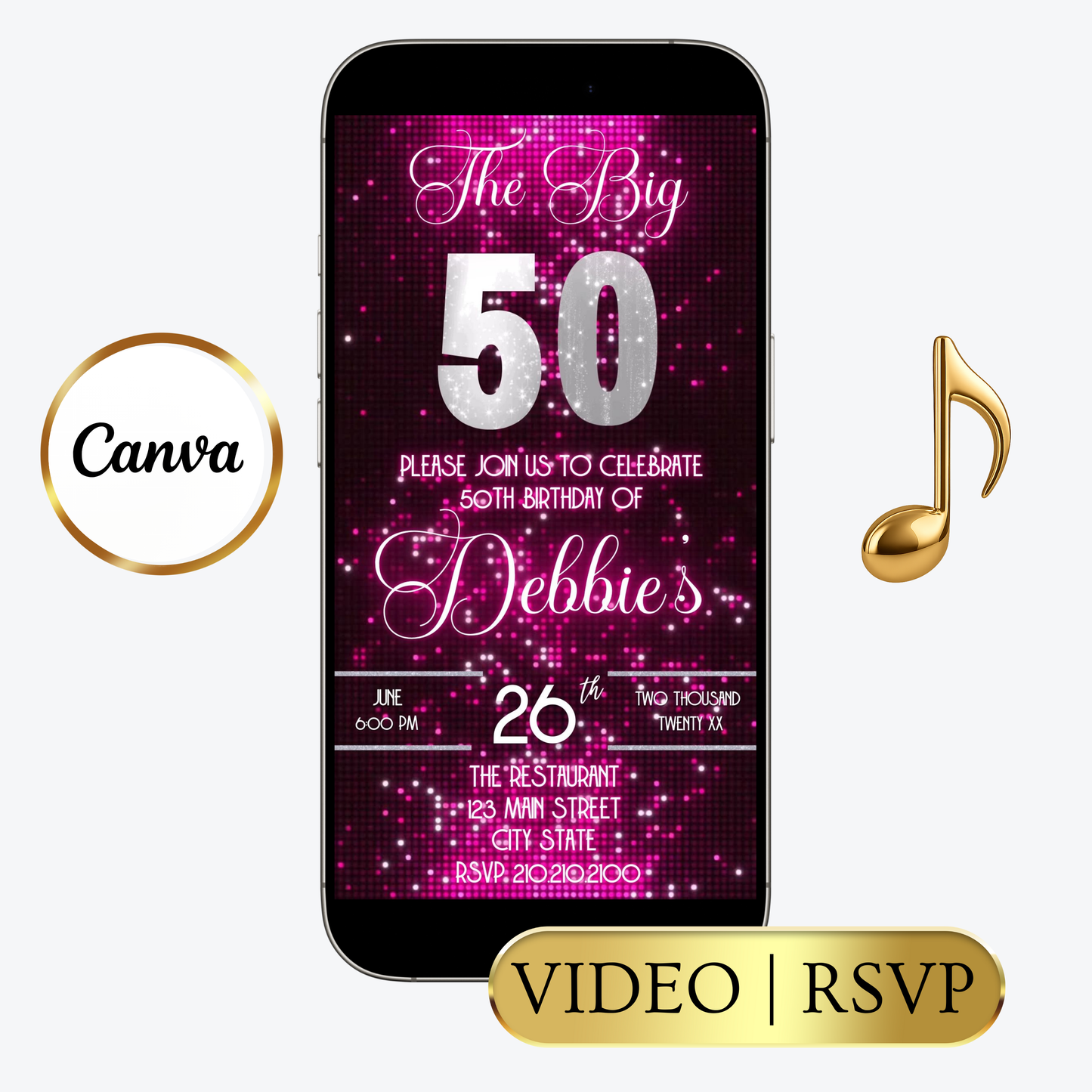 Editable pink sequin 50th birthday video invitation displayed on a mobile phone, featuring an animated vertical digital invite with music, created in Canva. This premium video invitation template is designed for sharing by text, email, and social media and works with an interactive RSVP website for easy guest response tracking.