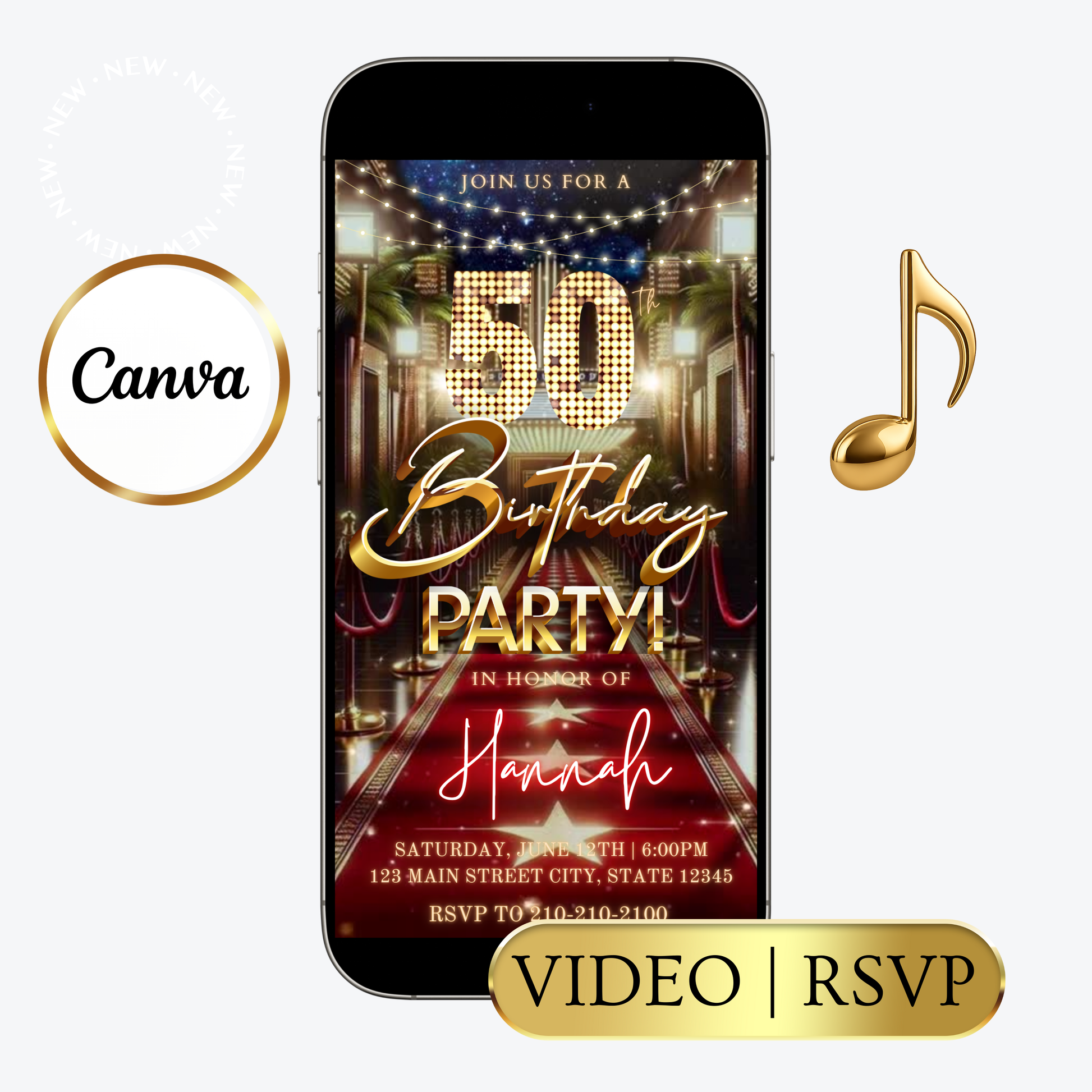 Editable hollywood red carpet 50th birthday video invitation displayed on a mobile phone, featuring an animated vertical digital invite with music, created in Canva. This premium video invitation template is designed for sharing by text, email, and social media and works with an interactive RSVP website for easy guest response tracking.