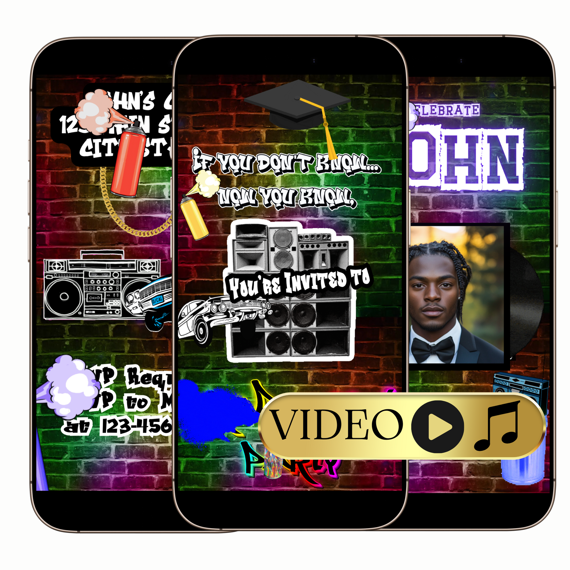 Editable Hip Hop Street Style Video Invitation Template with 80s, 90s, boombox