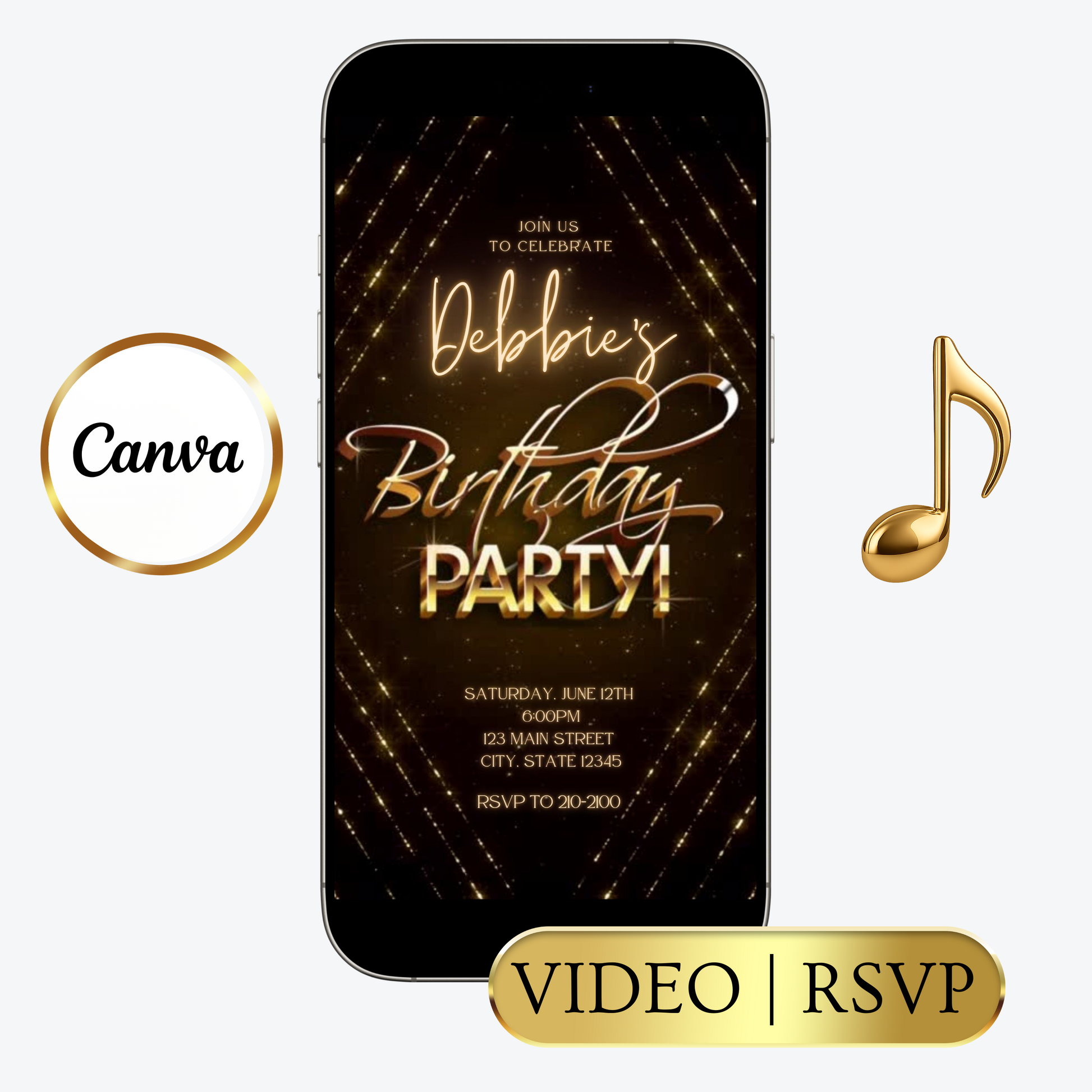 Editable gold glitter any age birthday video invitation displayed on a mobile phone, featuring an animated vertical digital invite with music, created in Canva. This premium video invitation template is designed for sharing by text, email, and social media and works with an interactive RSVP website for easy guest response tracking.
