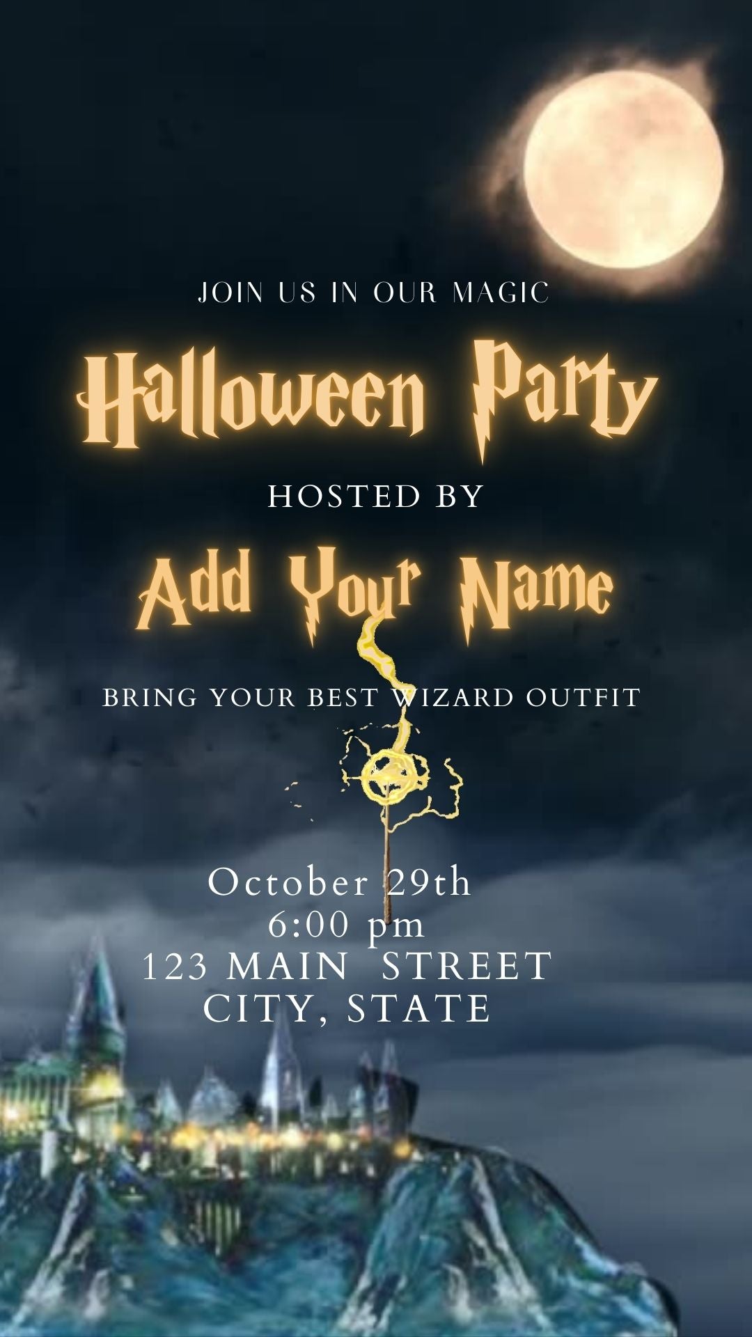 Editable wizard halloween party party video invitation displayed on a mobile phone, featuring an animated vertical digital invite with music, created in Canva. This premium video invitation template is designed for sharing by text, email, and social media and works with an interactive RSVP website for easy guest response tracking.
