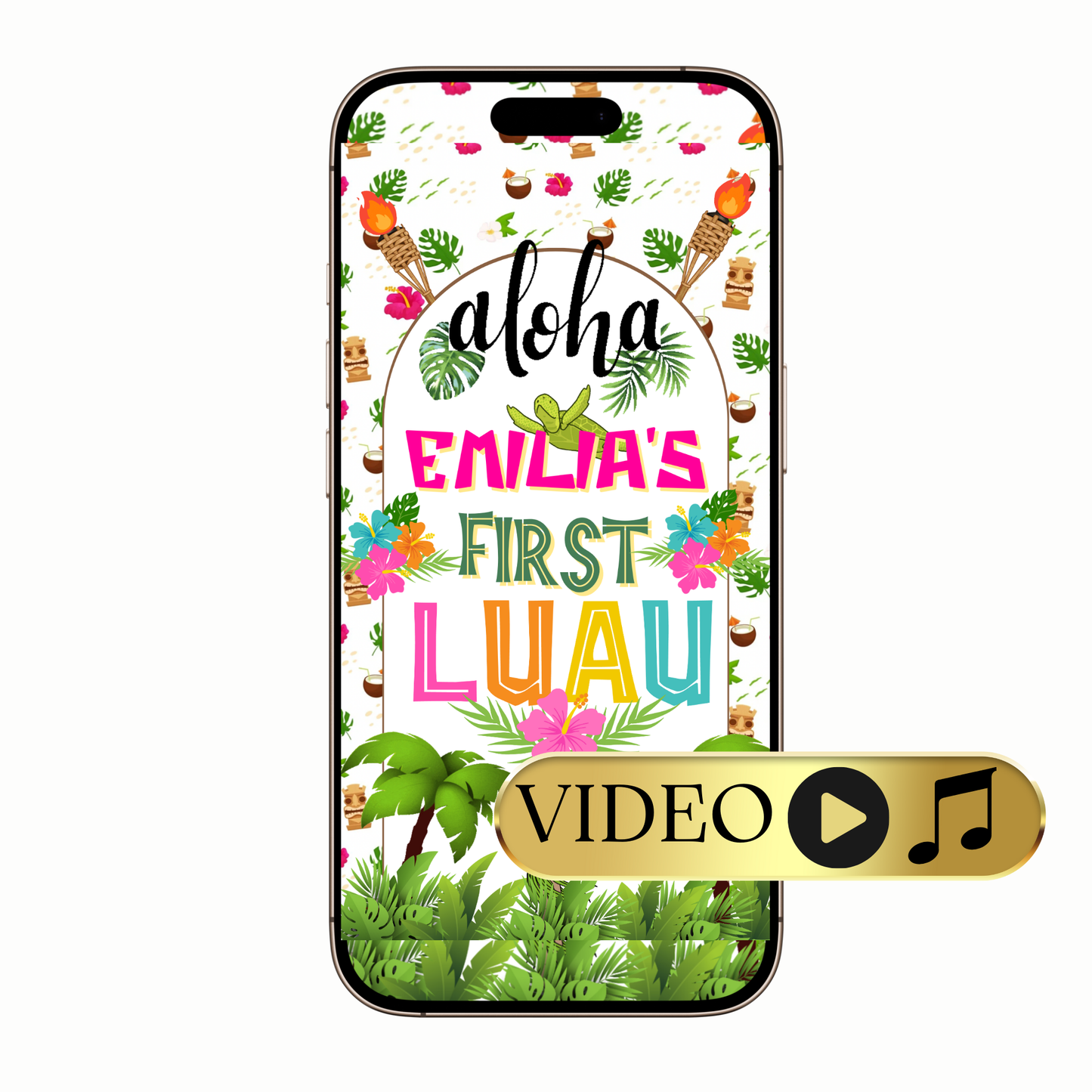 Tropical digital invitation with hibiscus flowers and palm leaves
