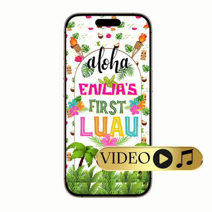 Tropical digital invitation with hibiscus flowers and palm leaves