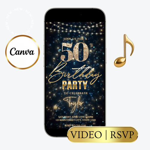 Editable starry gold 50th birthday video invitation displayed on a mobile phone, featuring an animated vertical digital invite with music, created in Canva. This premium video invitation template is designed for sharing by text, email, and social media and works with an interactive RSVP website for easy guest response tracking.